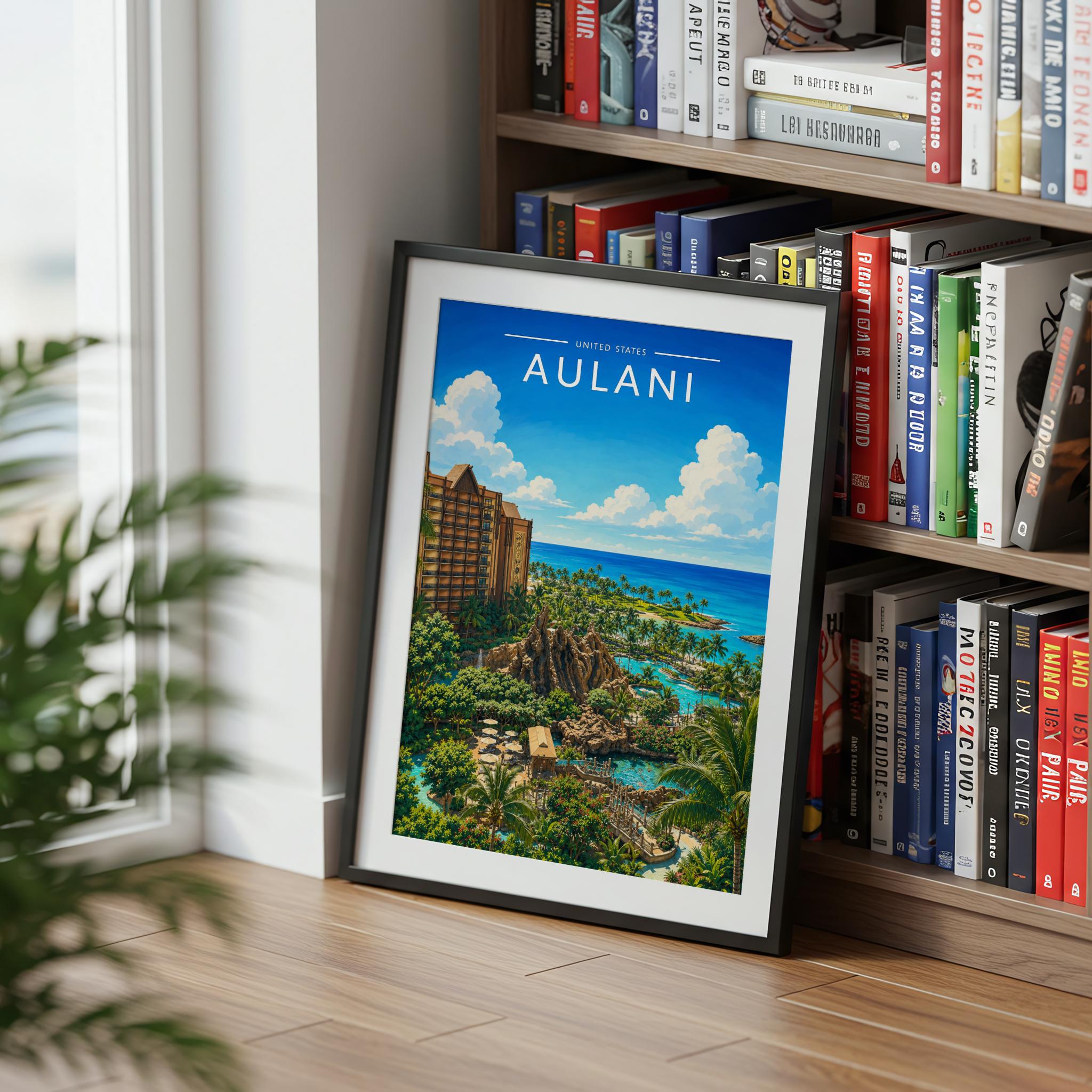 Aulani Travel Poster mounted in a black frame