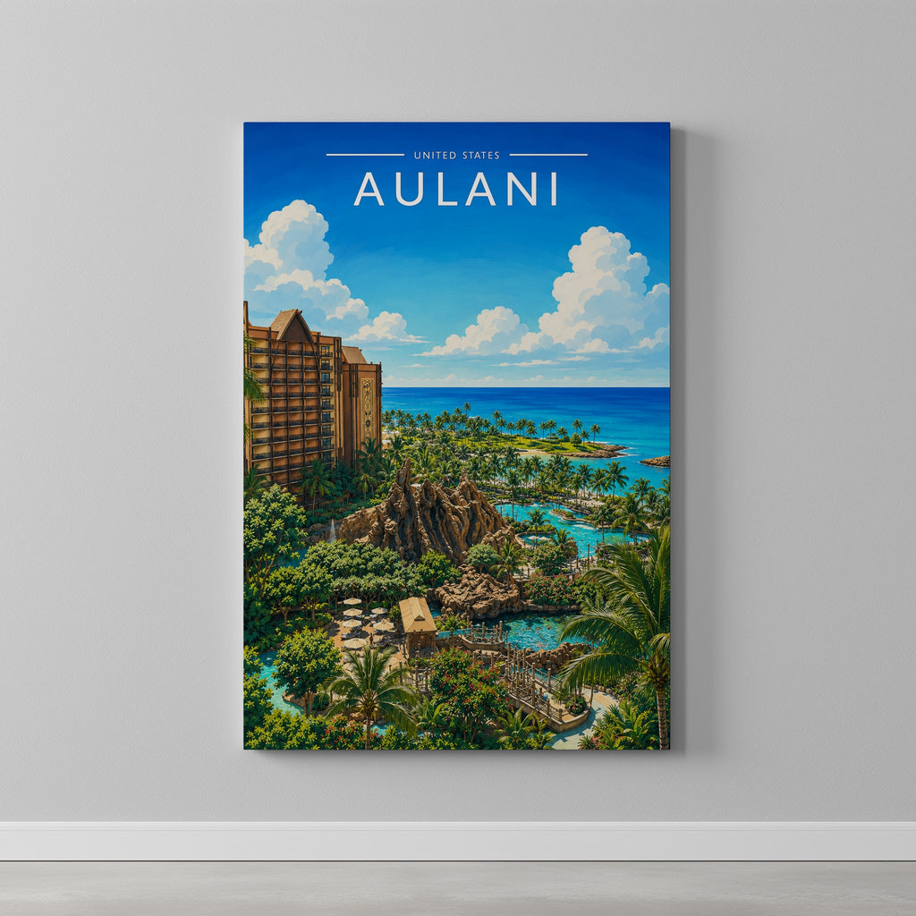 Aulani Travel Poster as a gallery-wrapped canvas on a plain wall