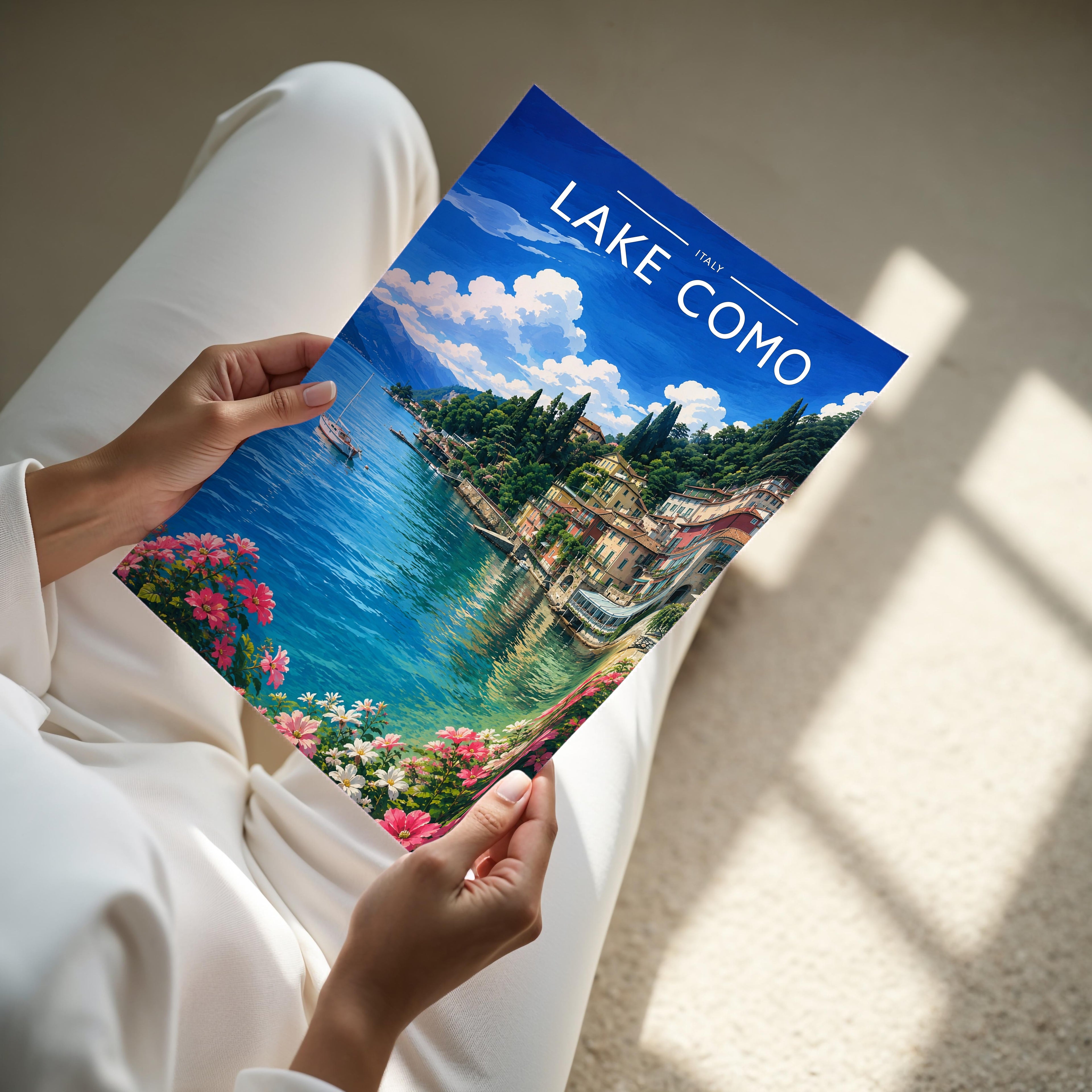 Lake Como Travel Poster - A4 print held in hand