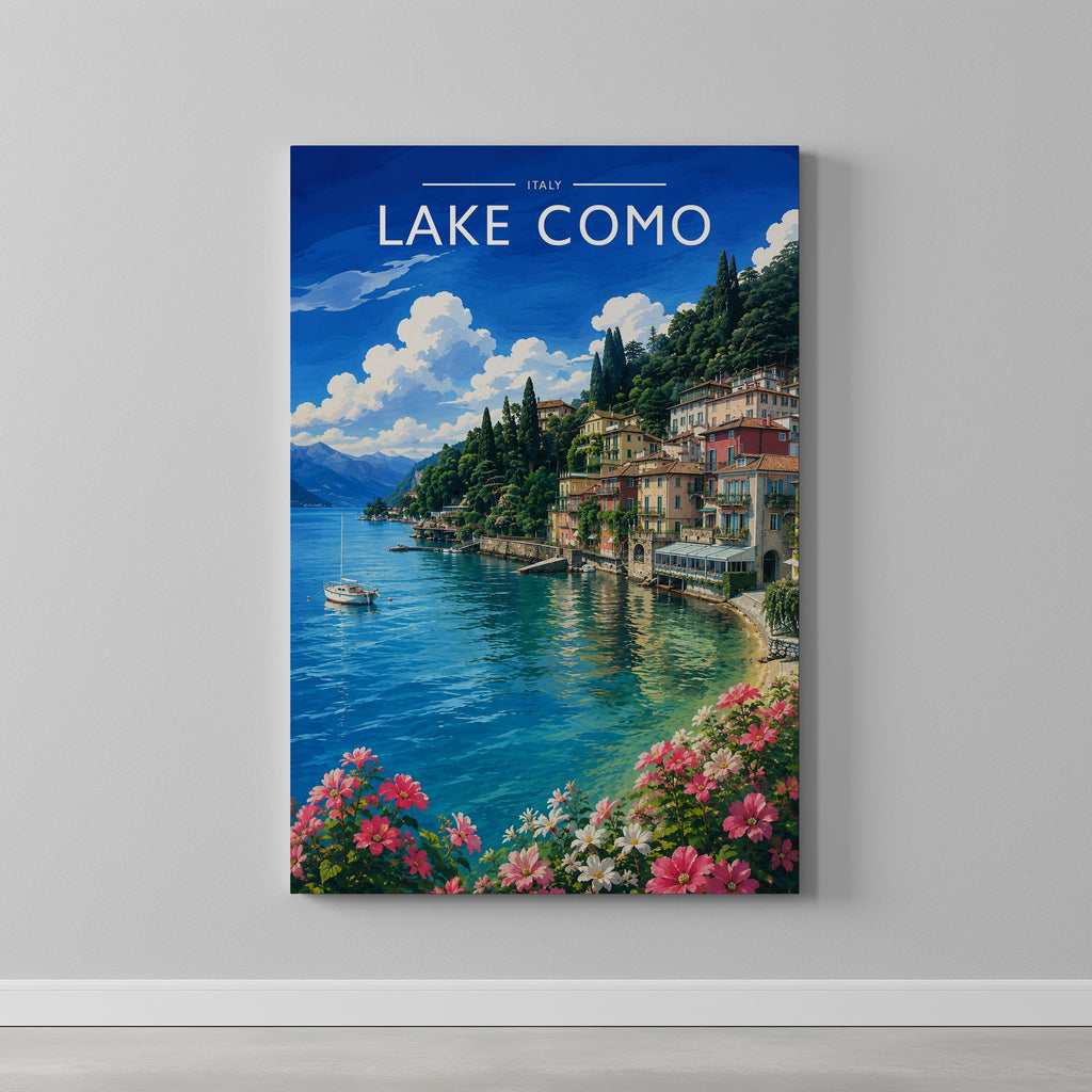 Lake Como Travel Poster as a gallery-wrapped canvas on a plain wall
