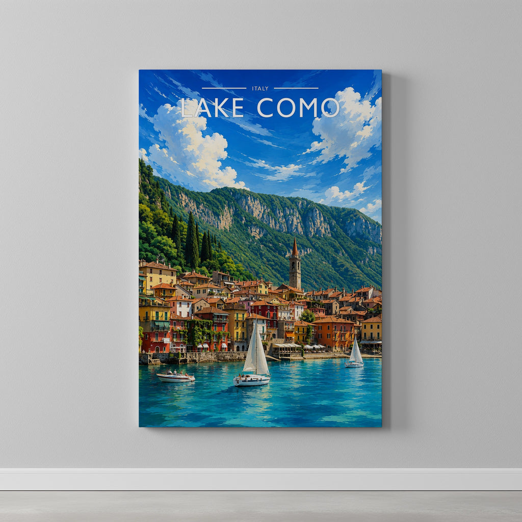 Lake Como #2 Travel Poster as a gallery-wrapped canvas on a plain wall