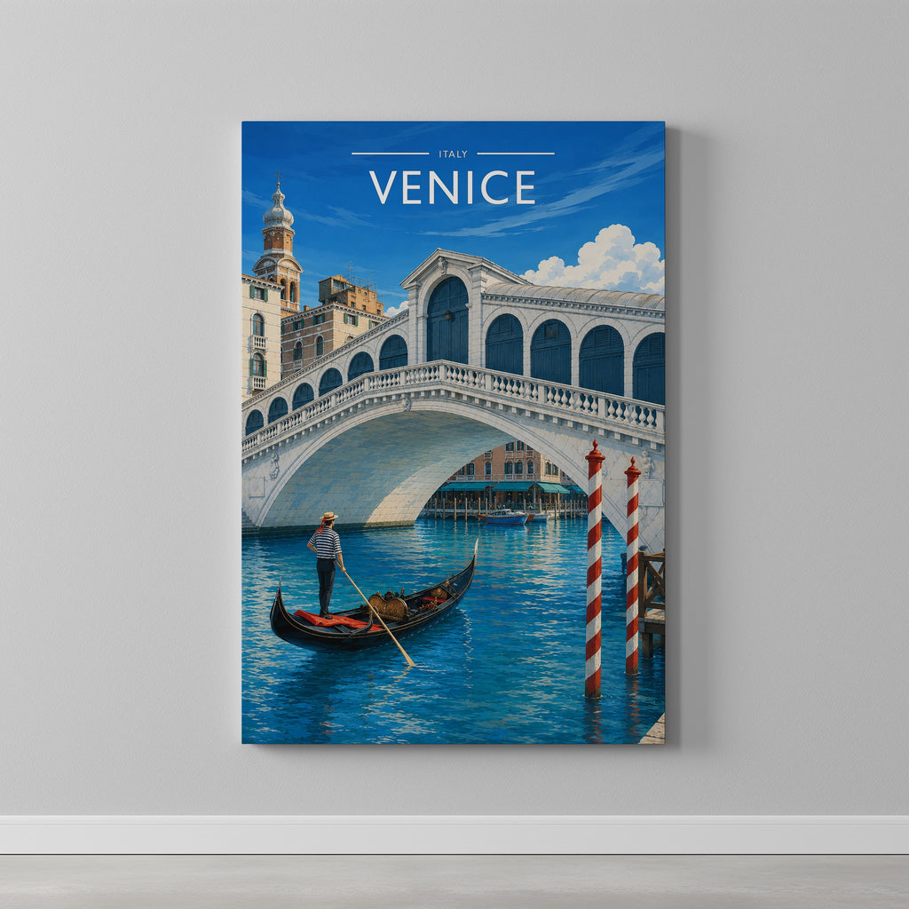 Venice #4 Travel Poster as a gallery-wrapped canvas on a plain wall