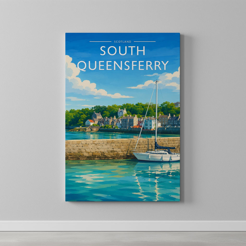 South Queensferry Travel Poster as a gallery-wrapped canvas on a plain wall