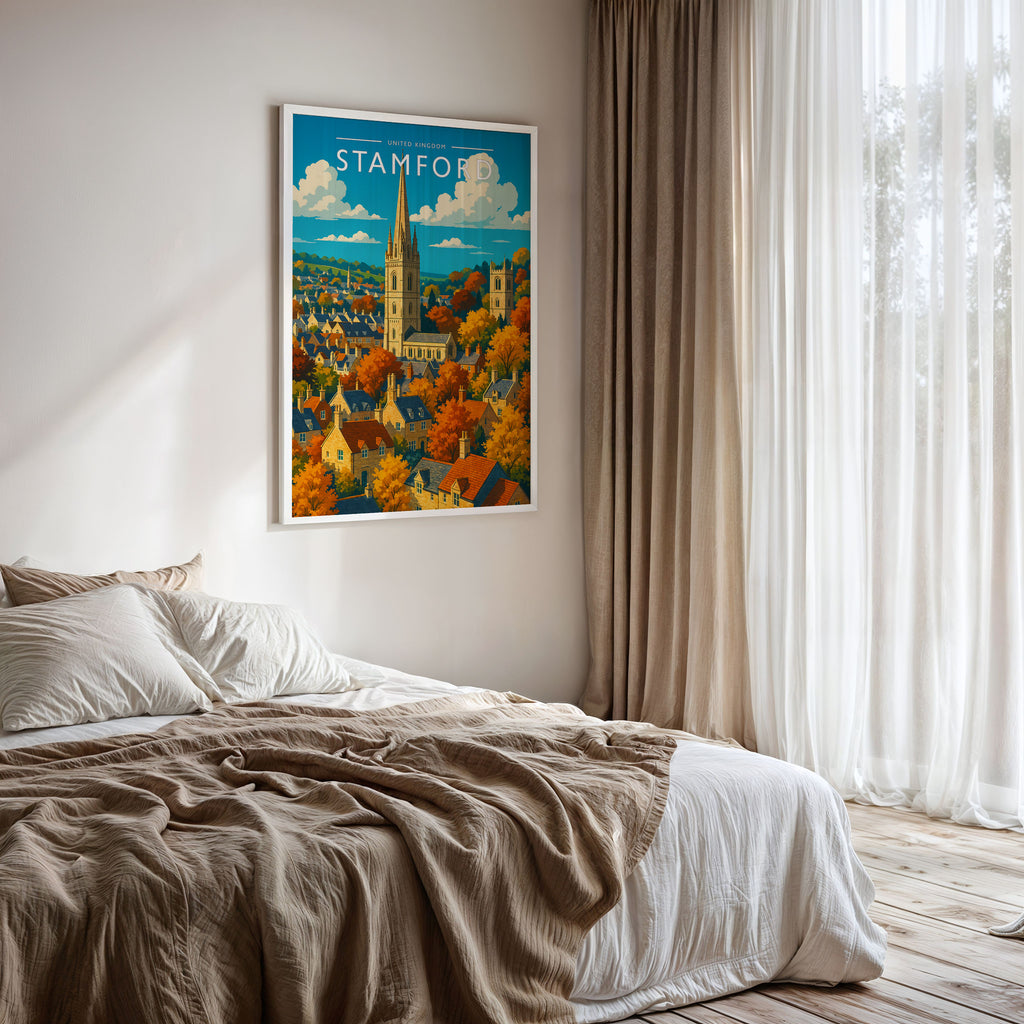 Stamford #4 Travel Poster framed on a bedroom wall