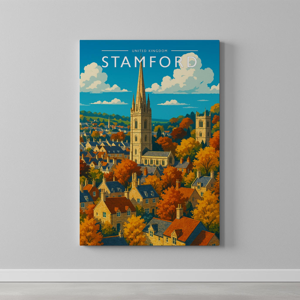 Stamford #4 Travel Poster as a gallery-wrapped canvas on a plain wall
