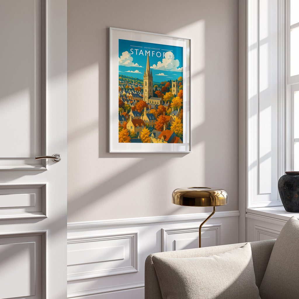 Stamford #4 Travel Poster in a white frame on a panelled wall