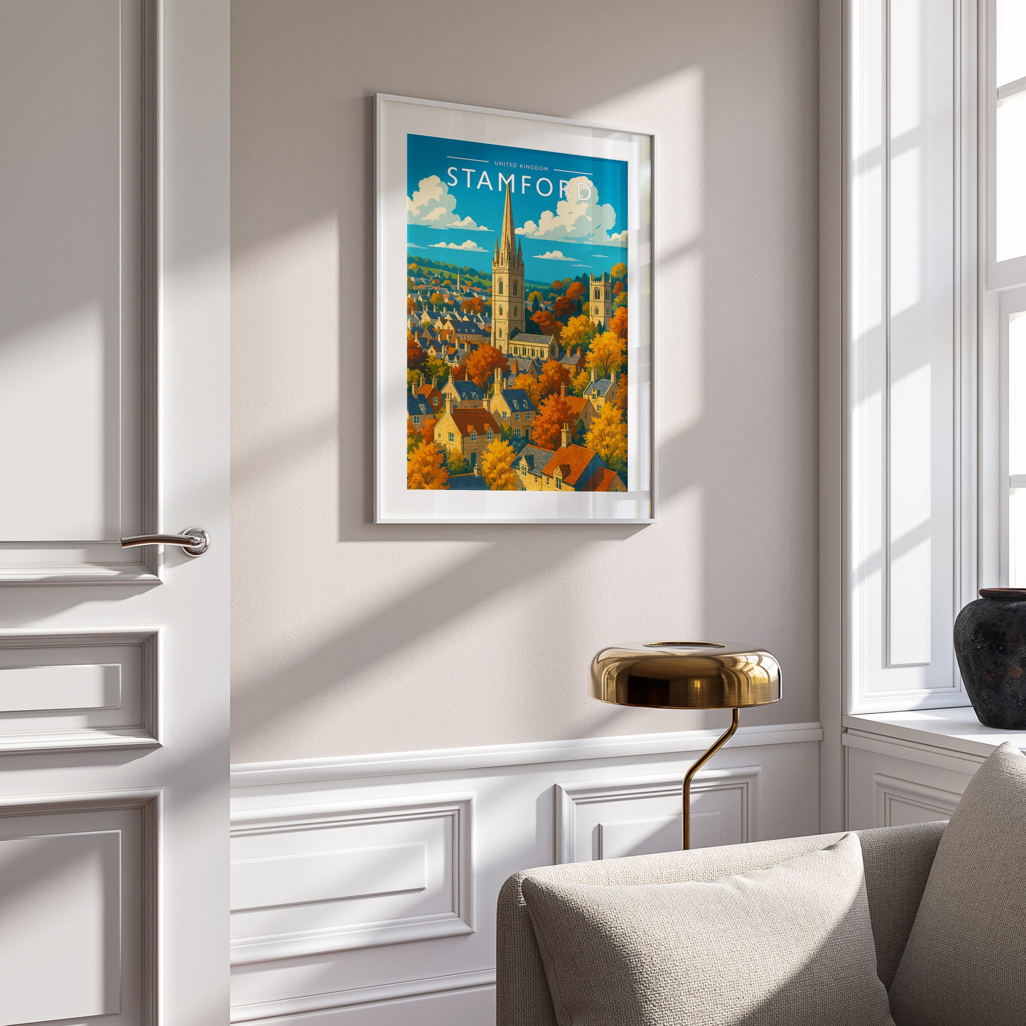 Stamford #4 Travel Poster in a white frame on a panelled wall