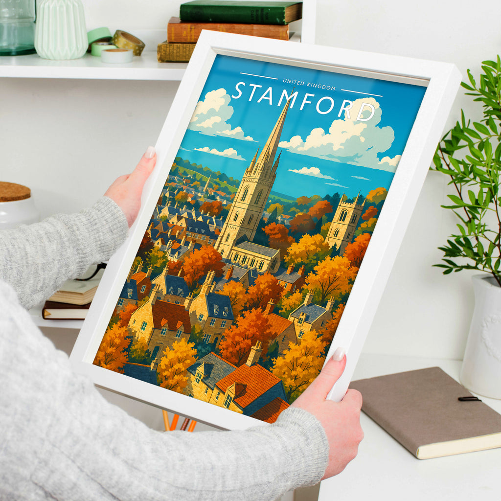 Stamford #4 Travel Poster in a white frame, held to show scale