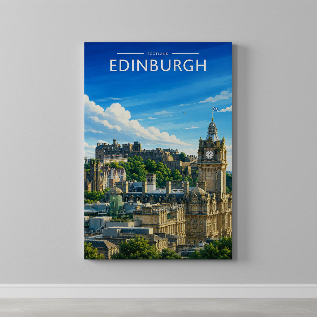 Edinburgh #5 Travel Poster as a gallery-wrapped canvas on a plain wall