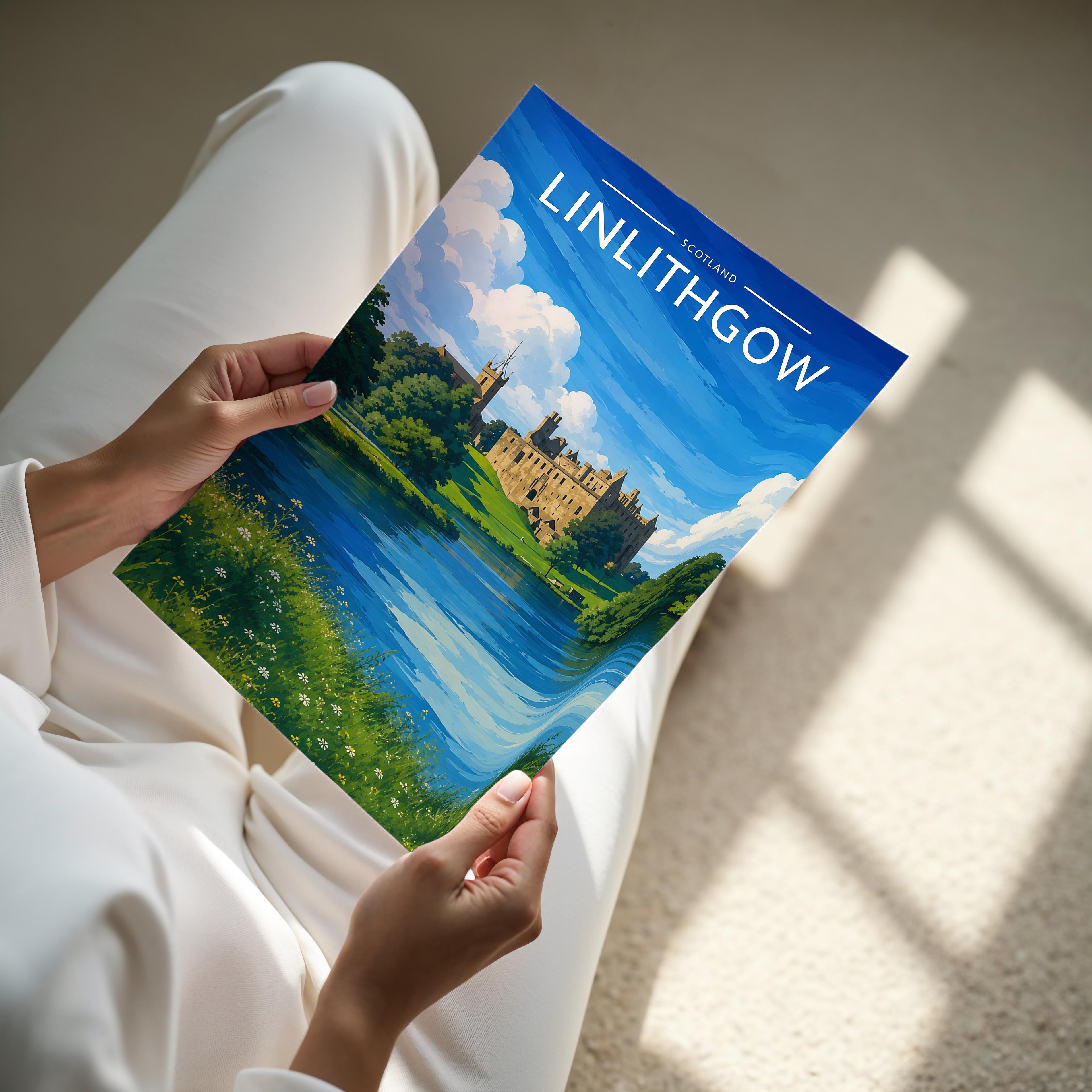 Linlithgow Travel Poster - A4 print held in hand