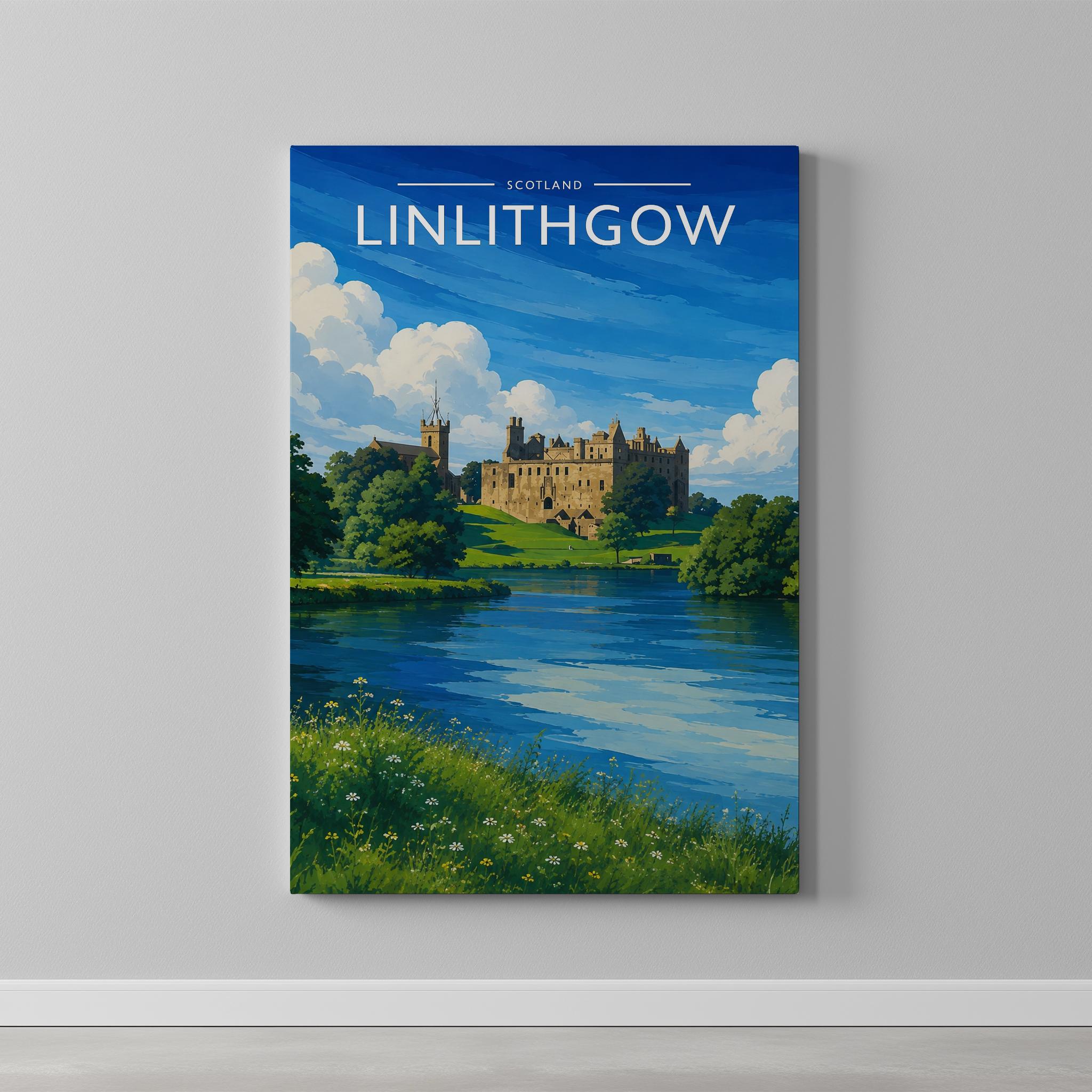 Linlithgow Travel Poster as a gallery-wrapped canvas on a plain wall