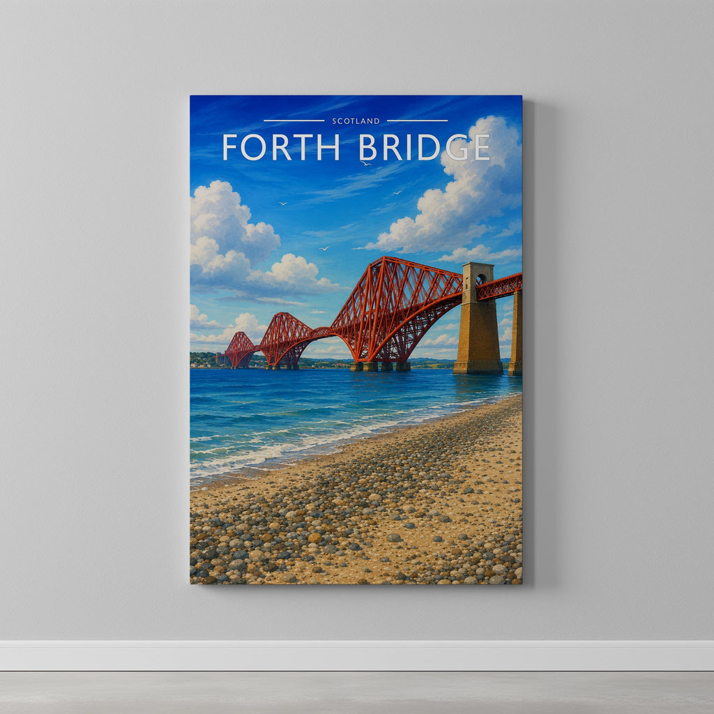 Forth Bridge Travel Poster as a gallery-wrapped canvas on a plain wall