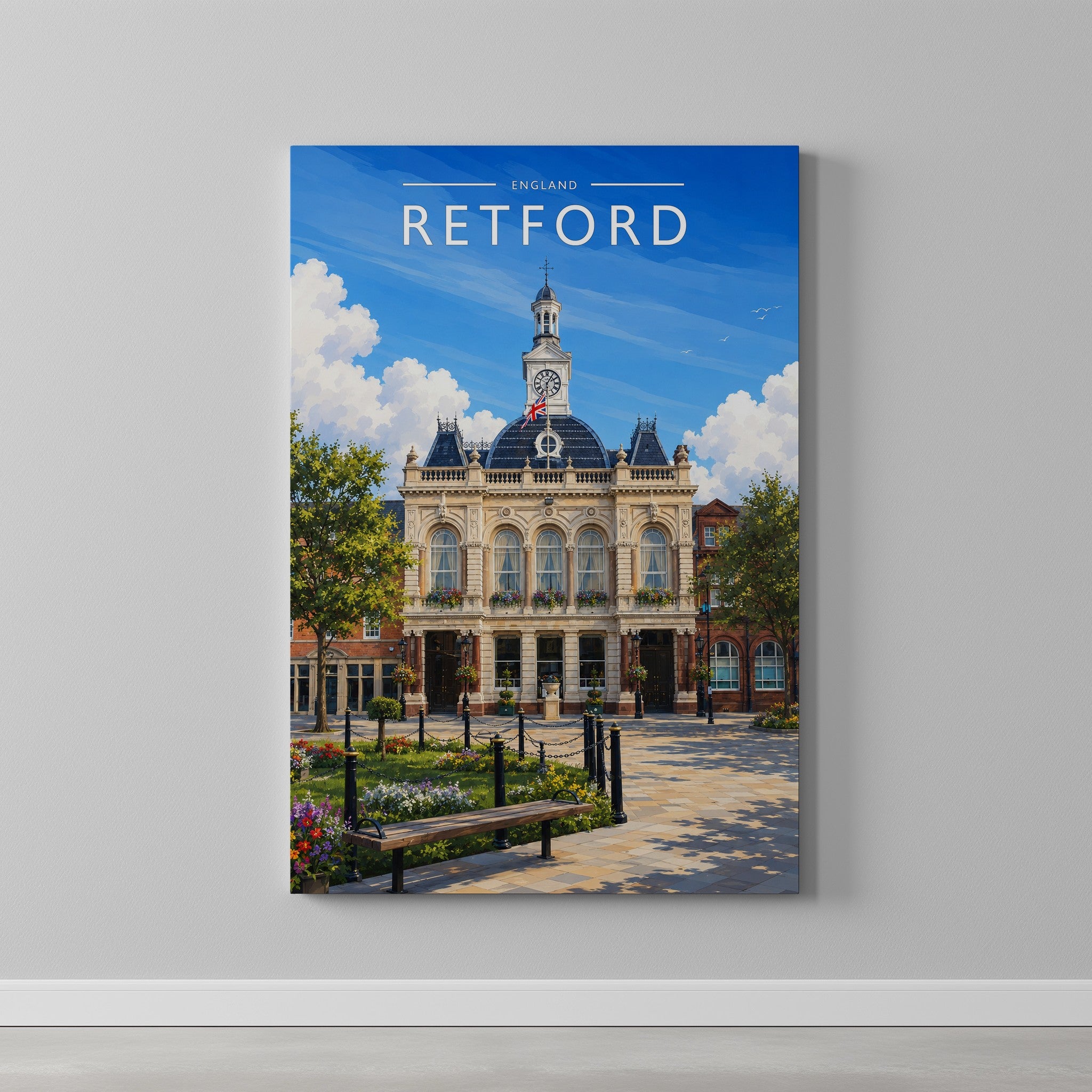 Retford #2 Travel Poster as a gallery-wrapped canvas on a plain wall