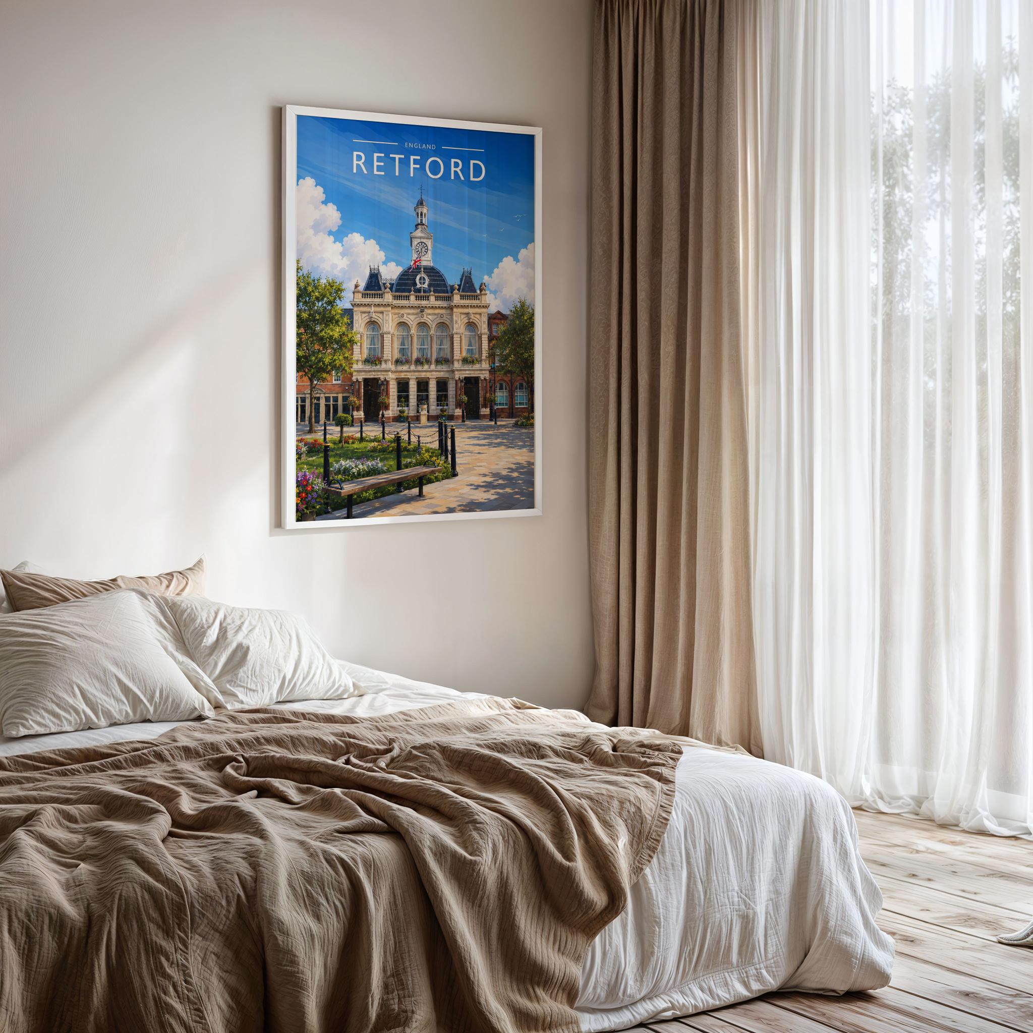 Retford #2 Travel Poster framed on a bedroom wall