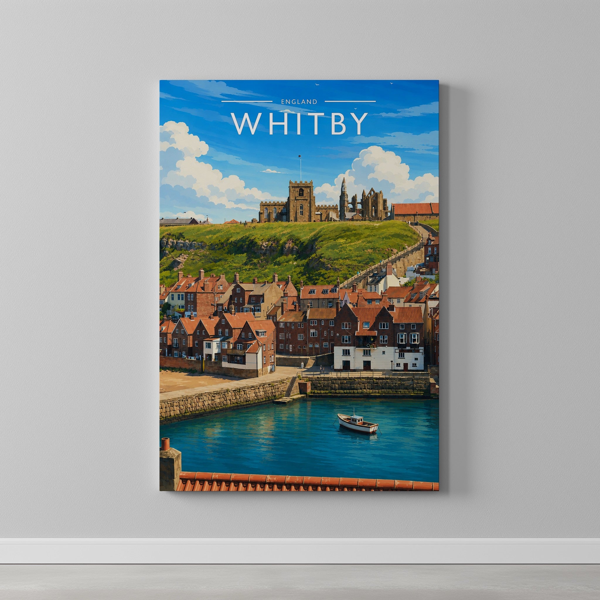 Whitby #6 Travel Poster as a gallery-wrapped canvas on a plain wall