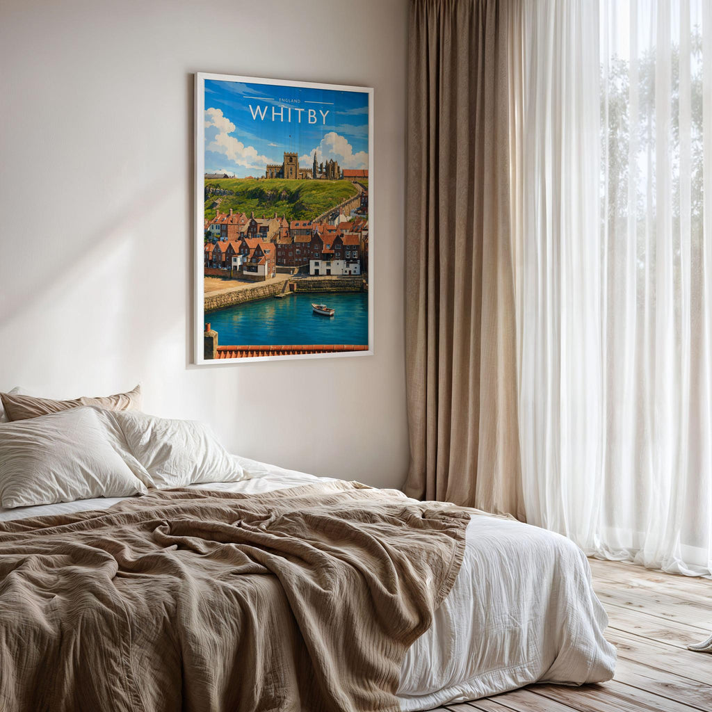 Whitby #6 Travel Poster framed on a bedroom wall
