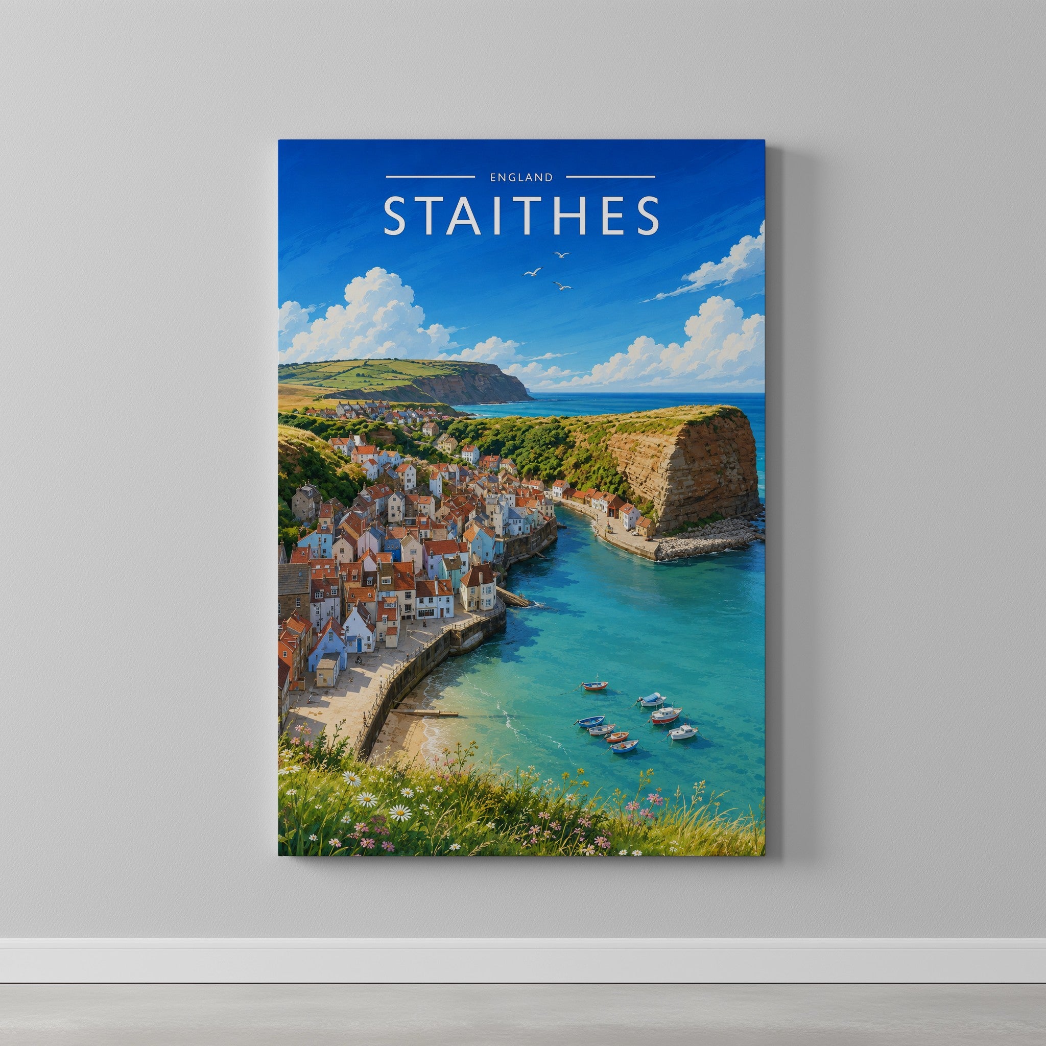Staithes #2 Travel Poster as a gallery-wrapped canvas on a plain wall