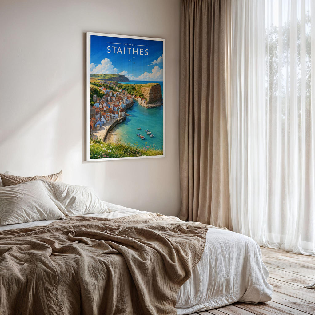 Staithes #2 Travel Poster framed on a bedroom wall