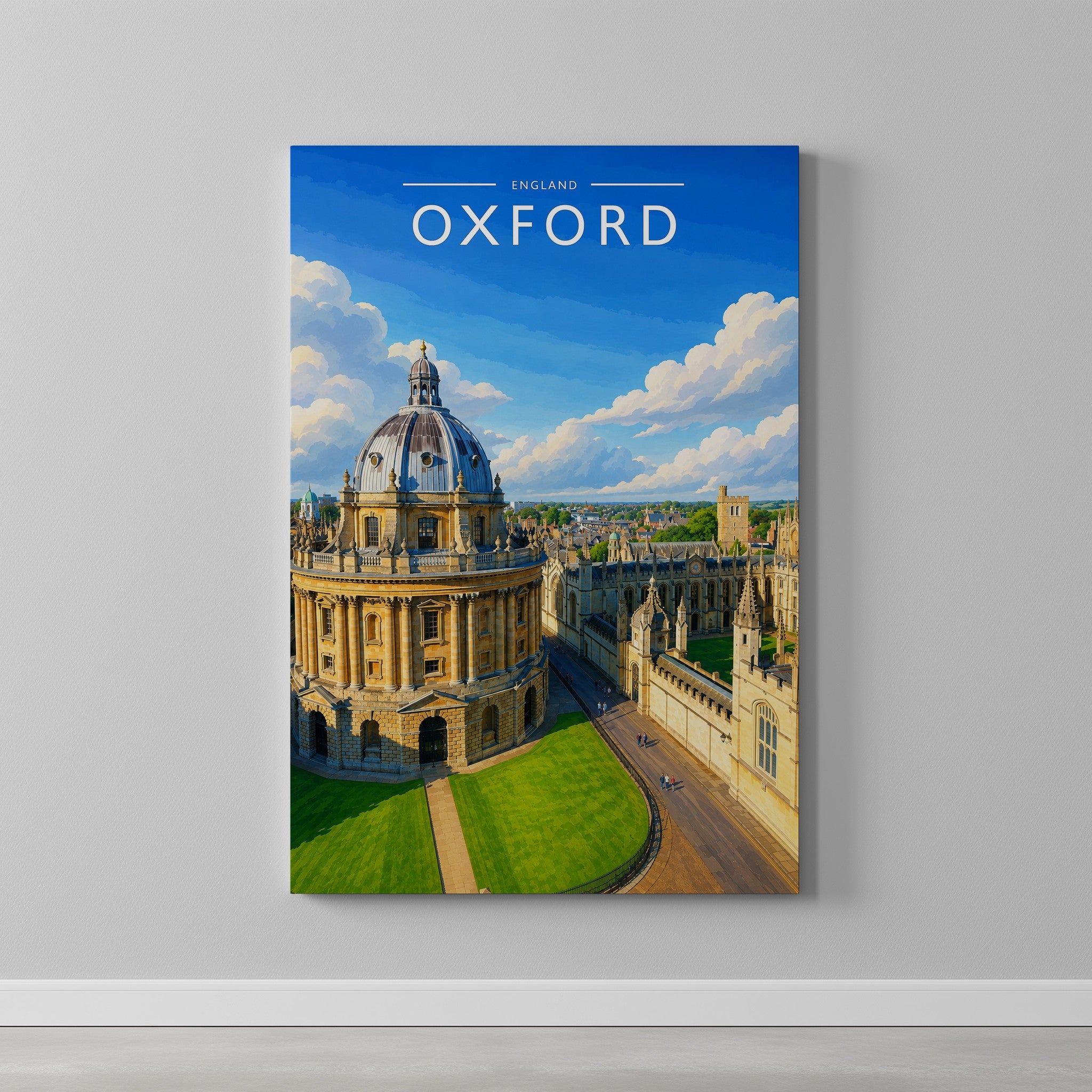 Oxford #2 Travel Poster as a gallery-wrapped canvas on a plain wall