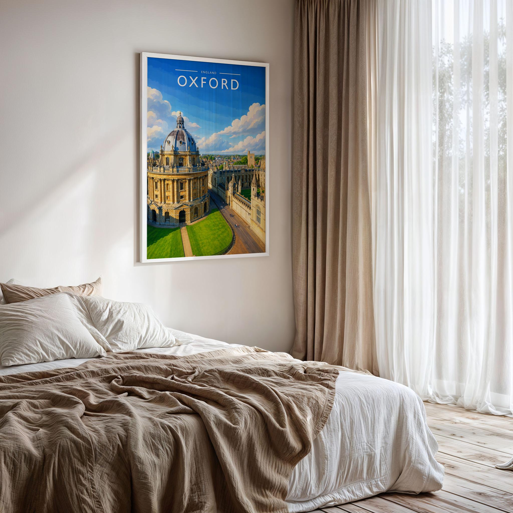 Oxford #2 Travel Poster framed on a bedroom wall