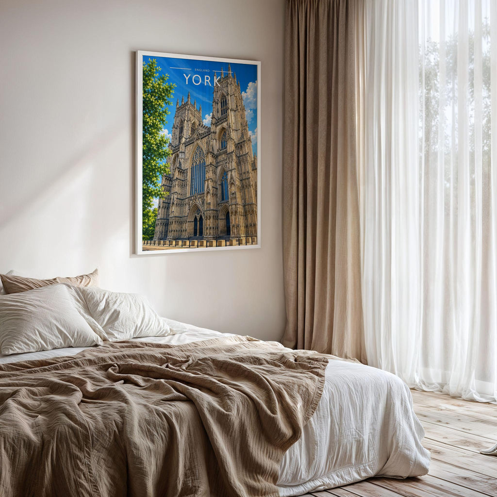 York #6 Travel Poster framed on a bedroom wall