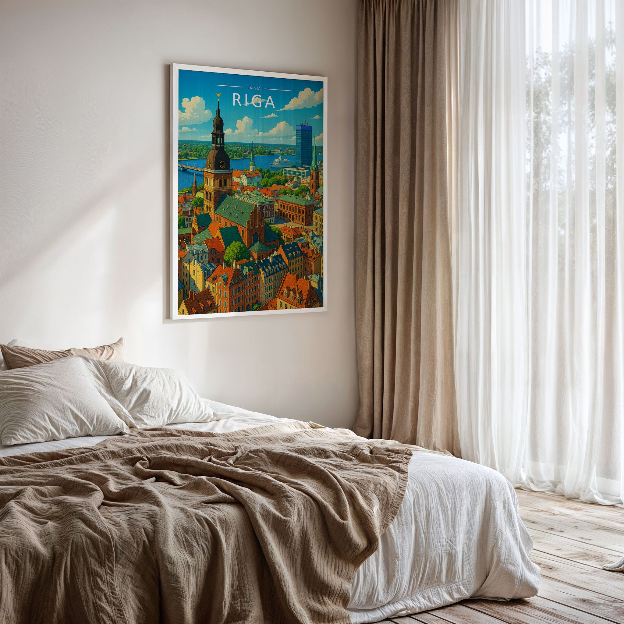 Riga Travel Poster framed on a bedroom wall