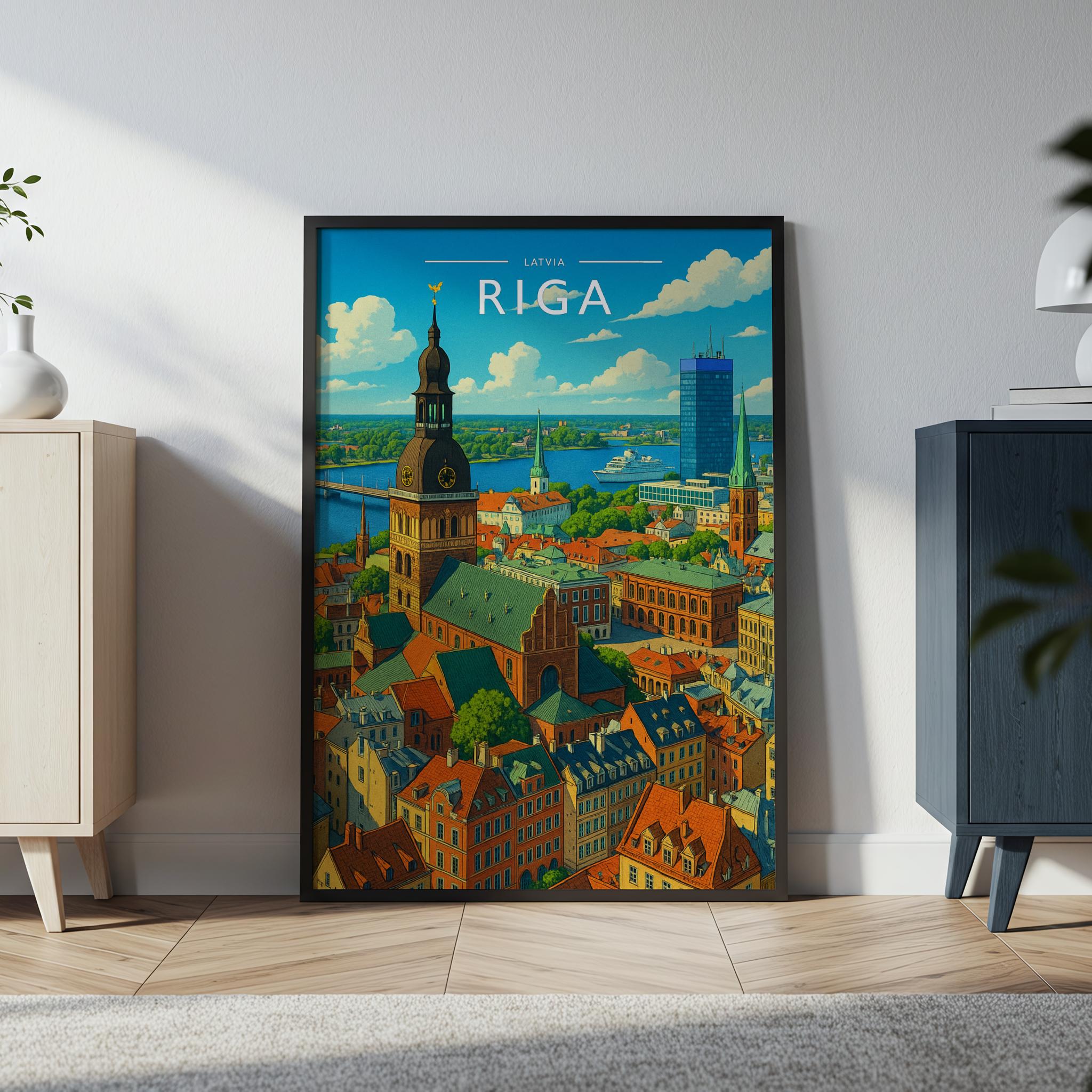 Riga Travel Poster in a black frame