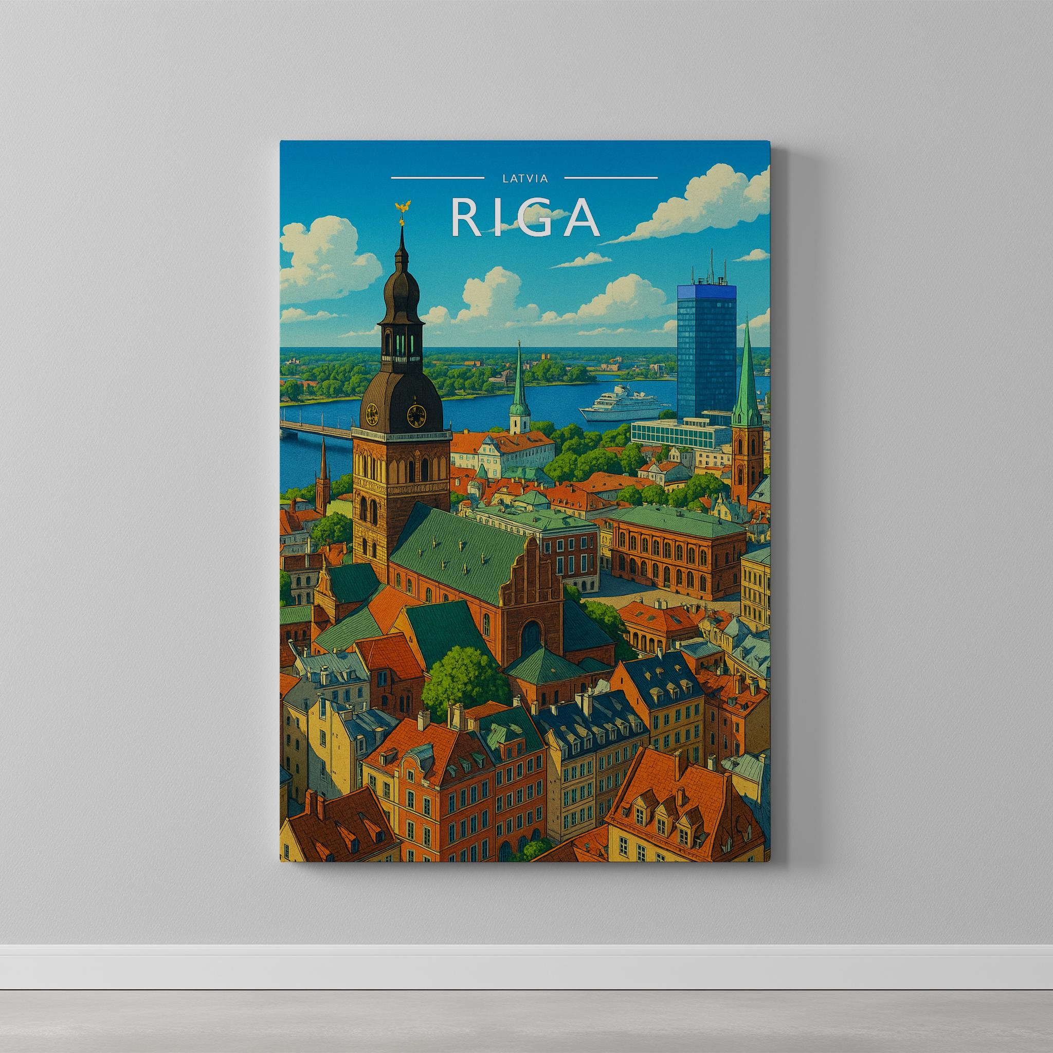 Riga Travel Poster as a gallery-wrapped canvas on a plain wall