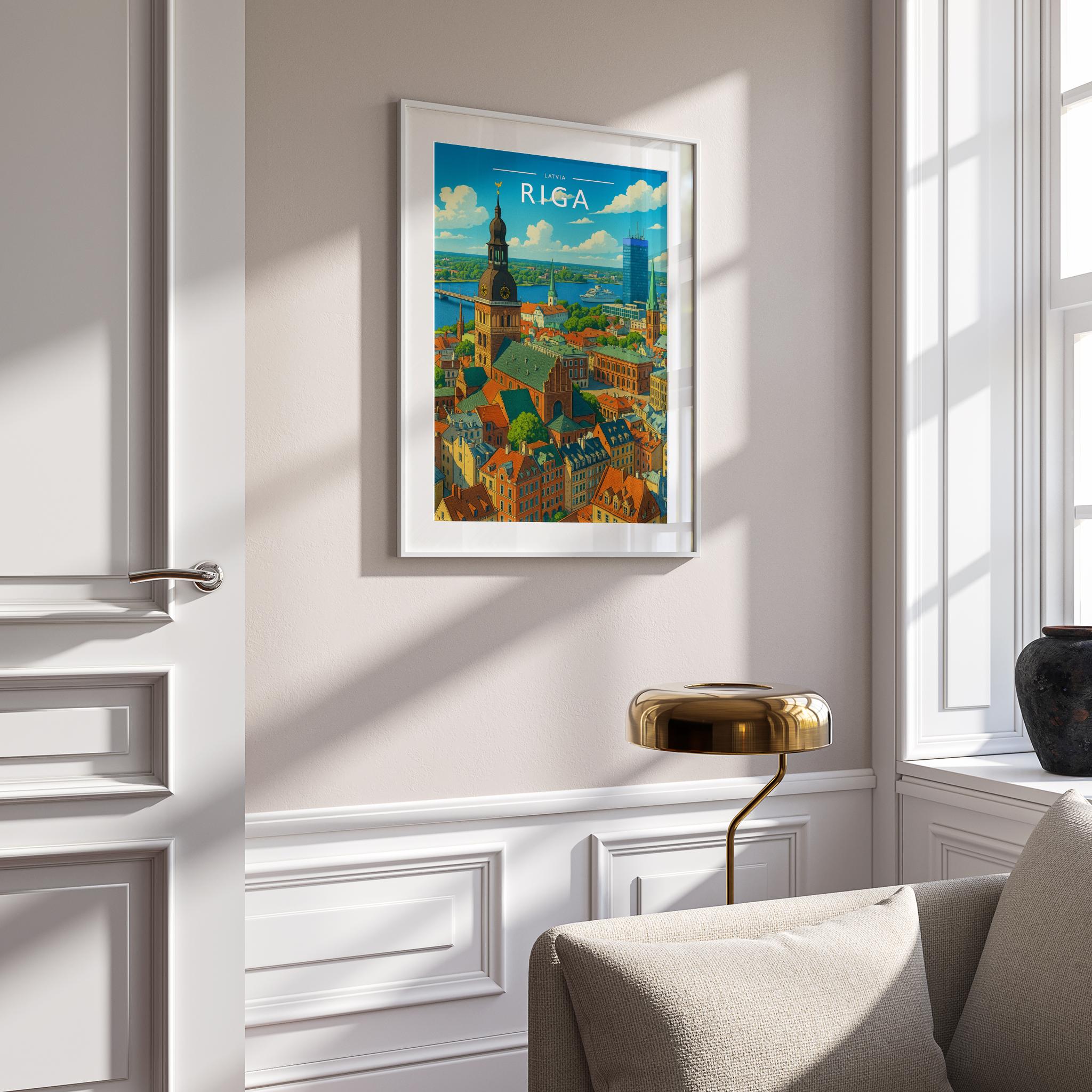Riga Travel Poster mounted in a white frame