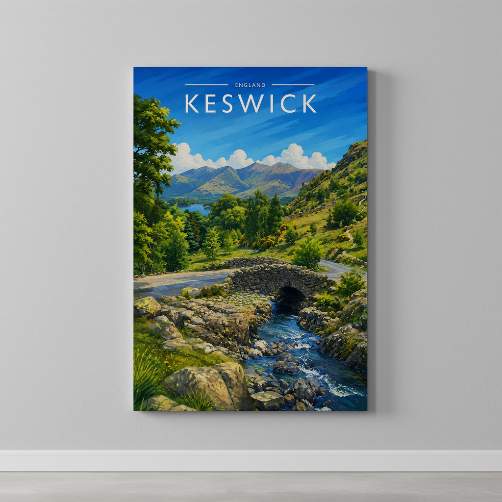 Keswick #4 Travel Poster as a gallery-wrapped canvas on a plain wall