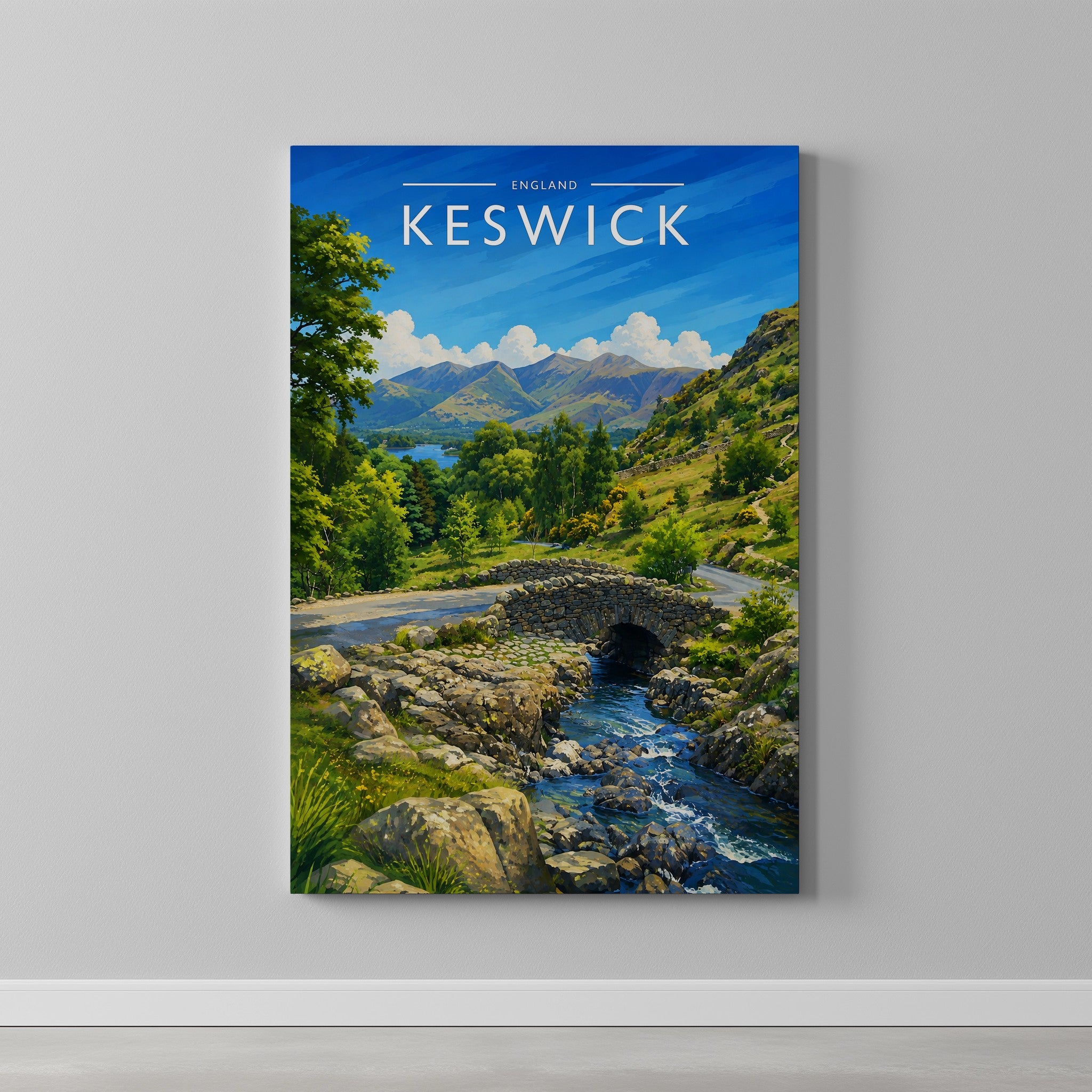 Keswick #4 Travel Poster as a gallery-wrapped canvas on a plain wall