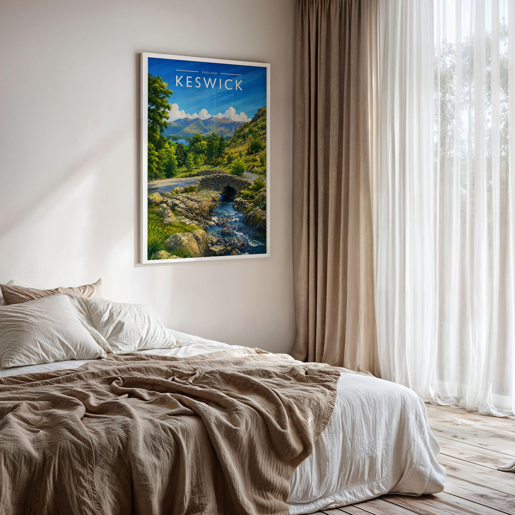 Keswick #4 Travel Poster framed on a bedroom wall