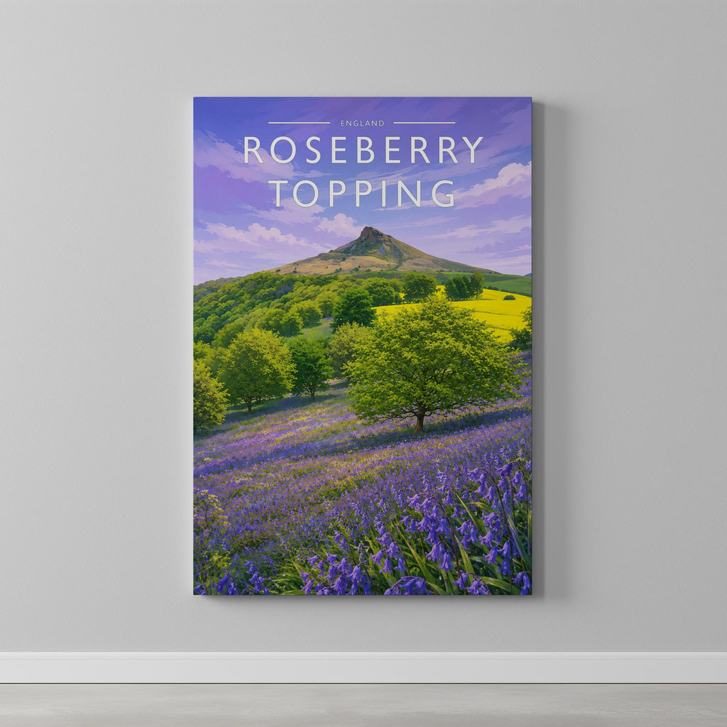 Roseberry Topping Travel Poster as a gallery-wrapped canvas on a plain wall