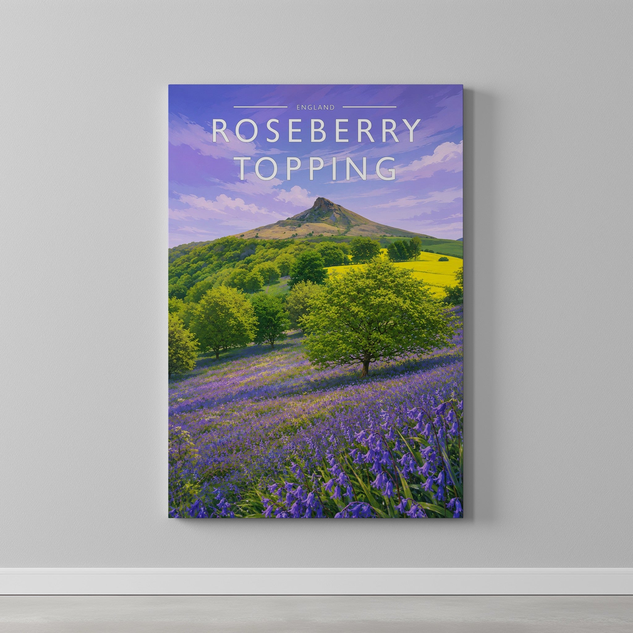 Roseberry Topping Travel Poster as a gallery-wrapped canvas on a plain wall