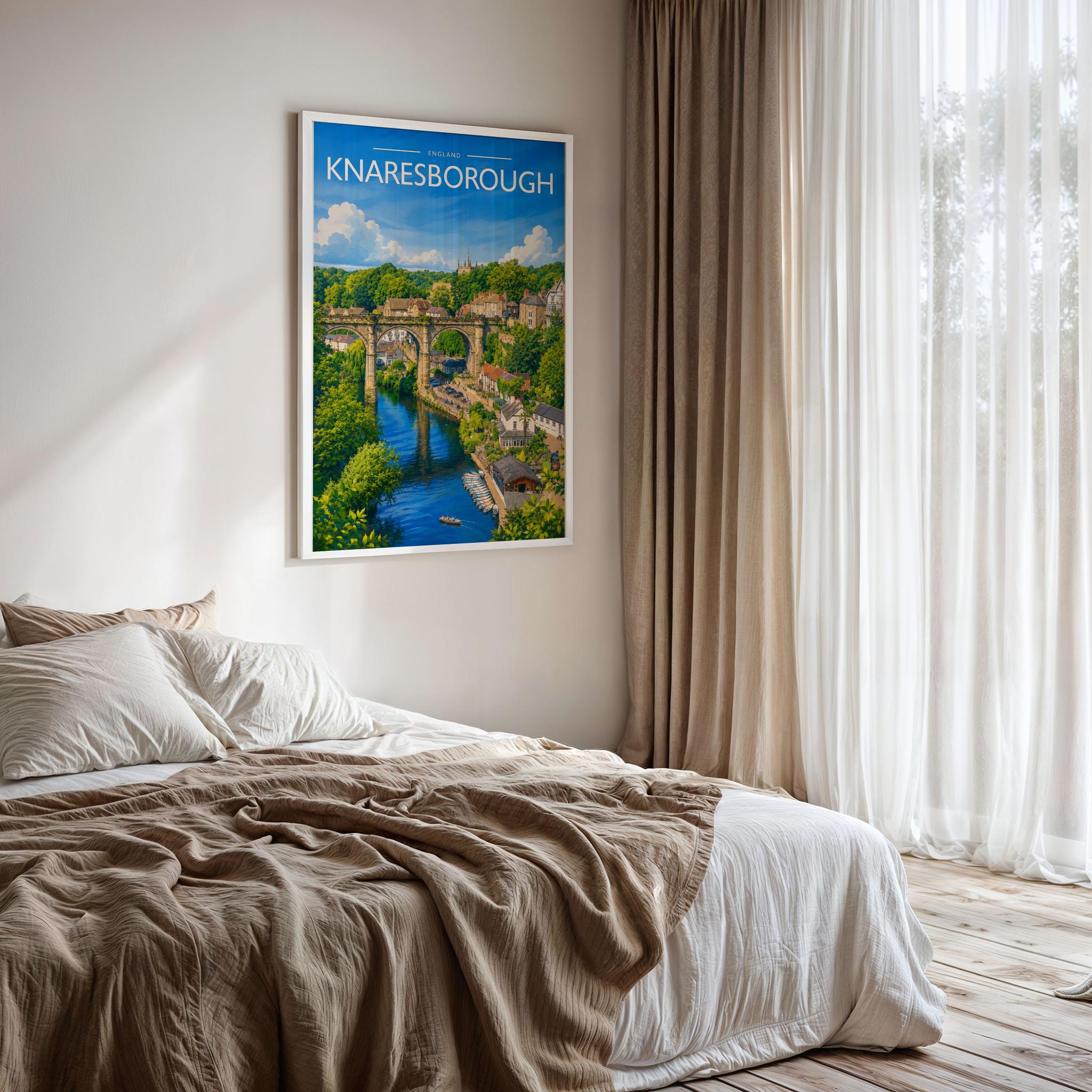 Knaresborough #3 Travel Poster framed on a bedroom wall