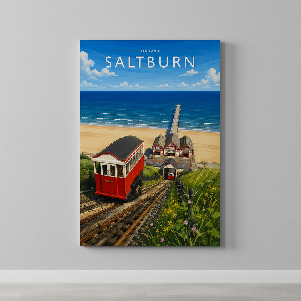 Saltburn Travel Poster as a gallery-wrapped canvas on a plain wall