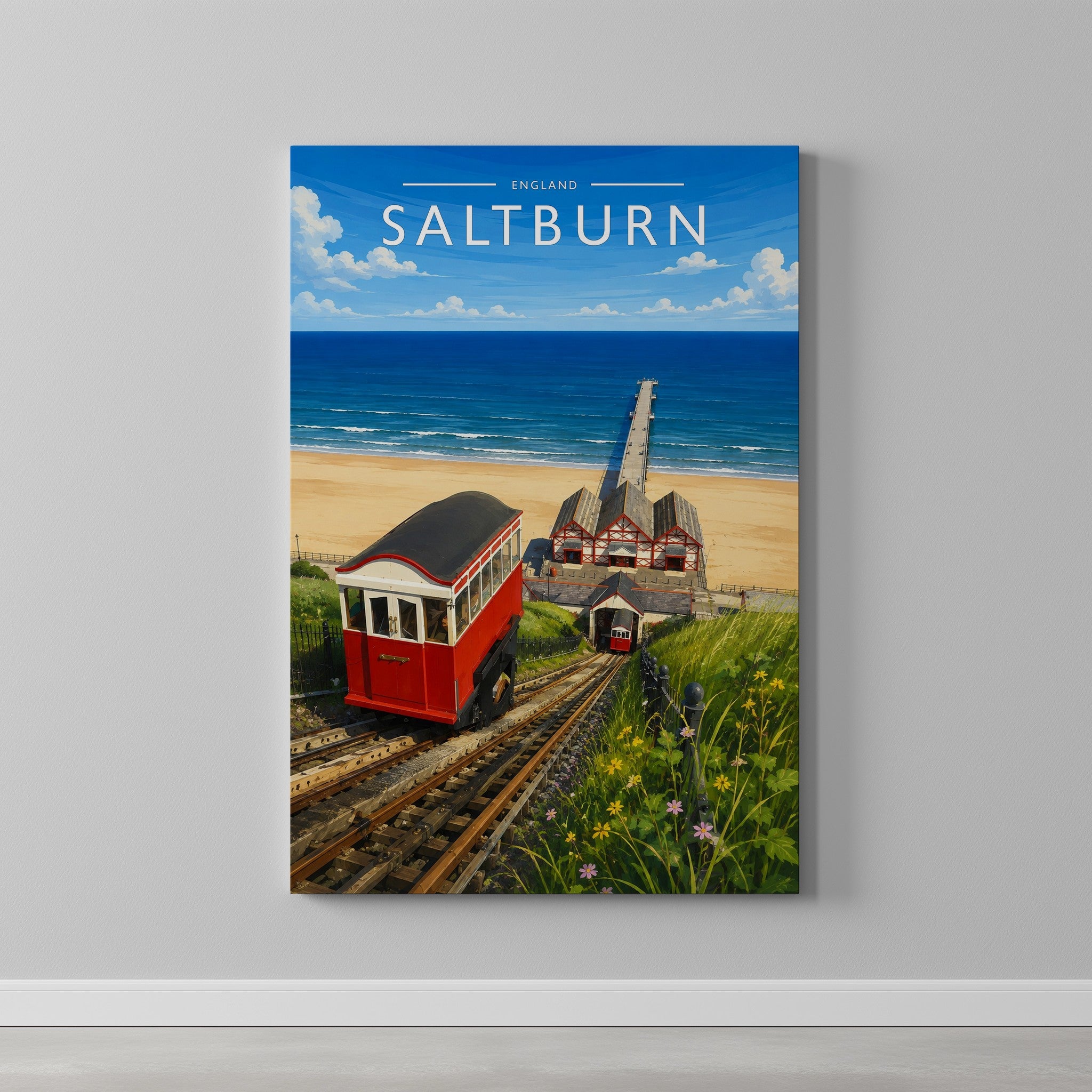 Saltburn Travel Poster as a gallery-wrapped canvas on a plain wall