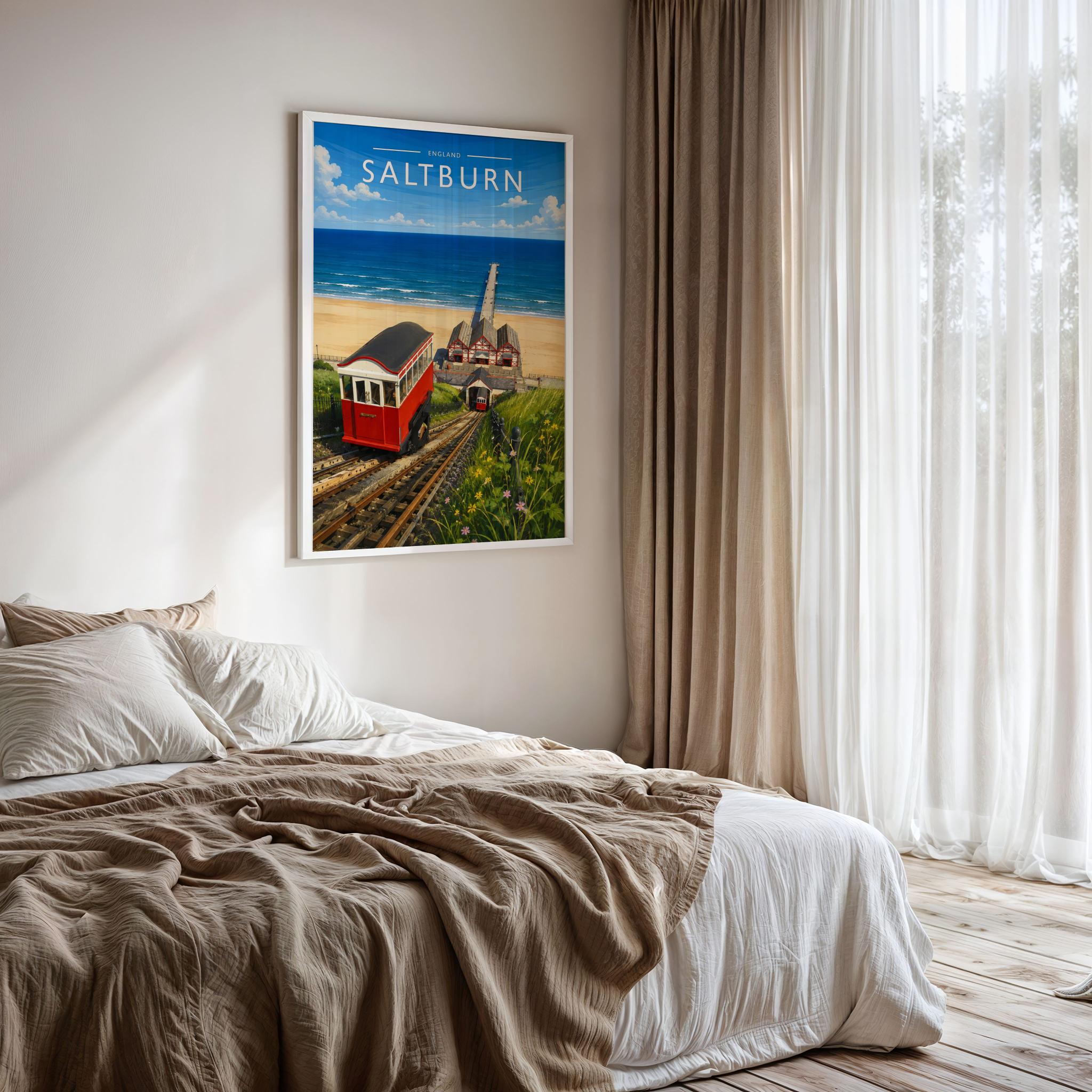 Saltburn Travel Poster framed on a bedroom wall