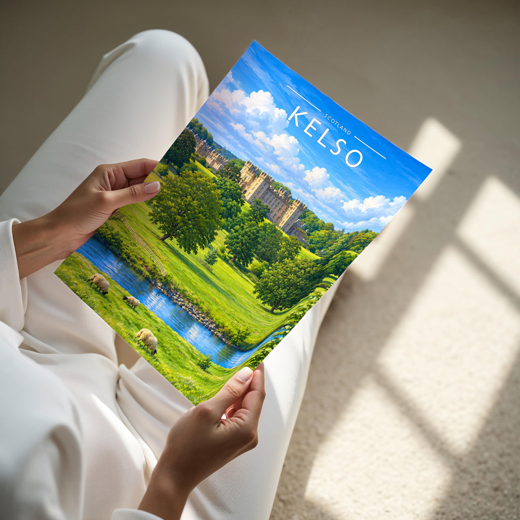 Kelso Travel Poster - A4 print held in hand