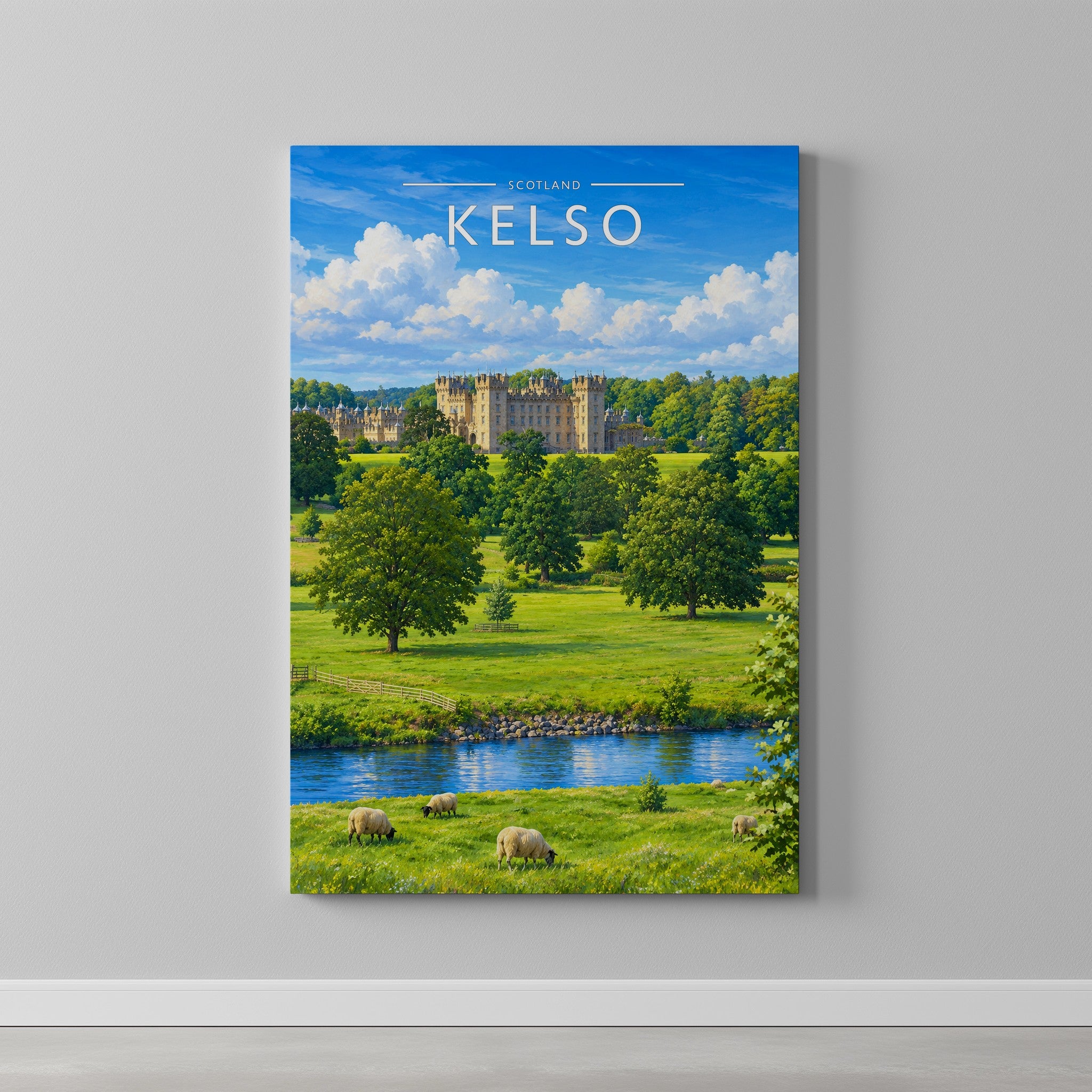 Kelso Travel Poster as a gallery-wrapped canvas on a plain wall
