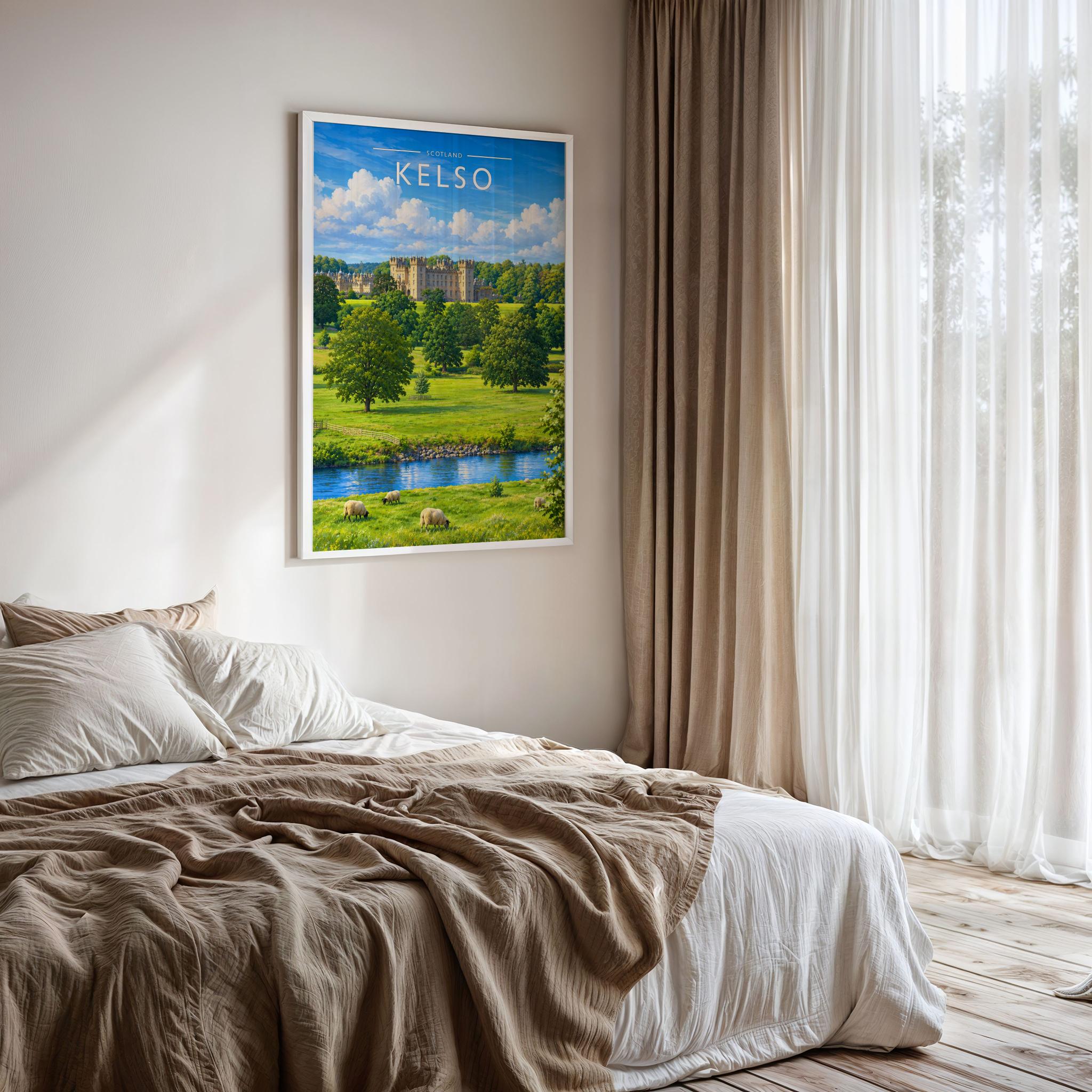 Kelso Travel Poster framed on a bedroom wall