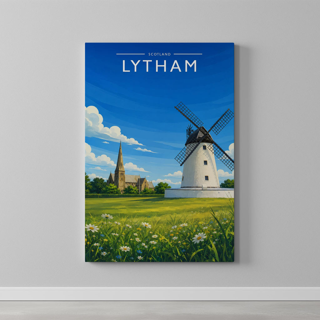 Lytham Travel Poster as a gallery-wrapped canvas on a plain wall