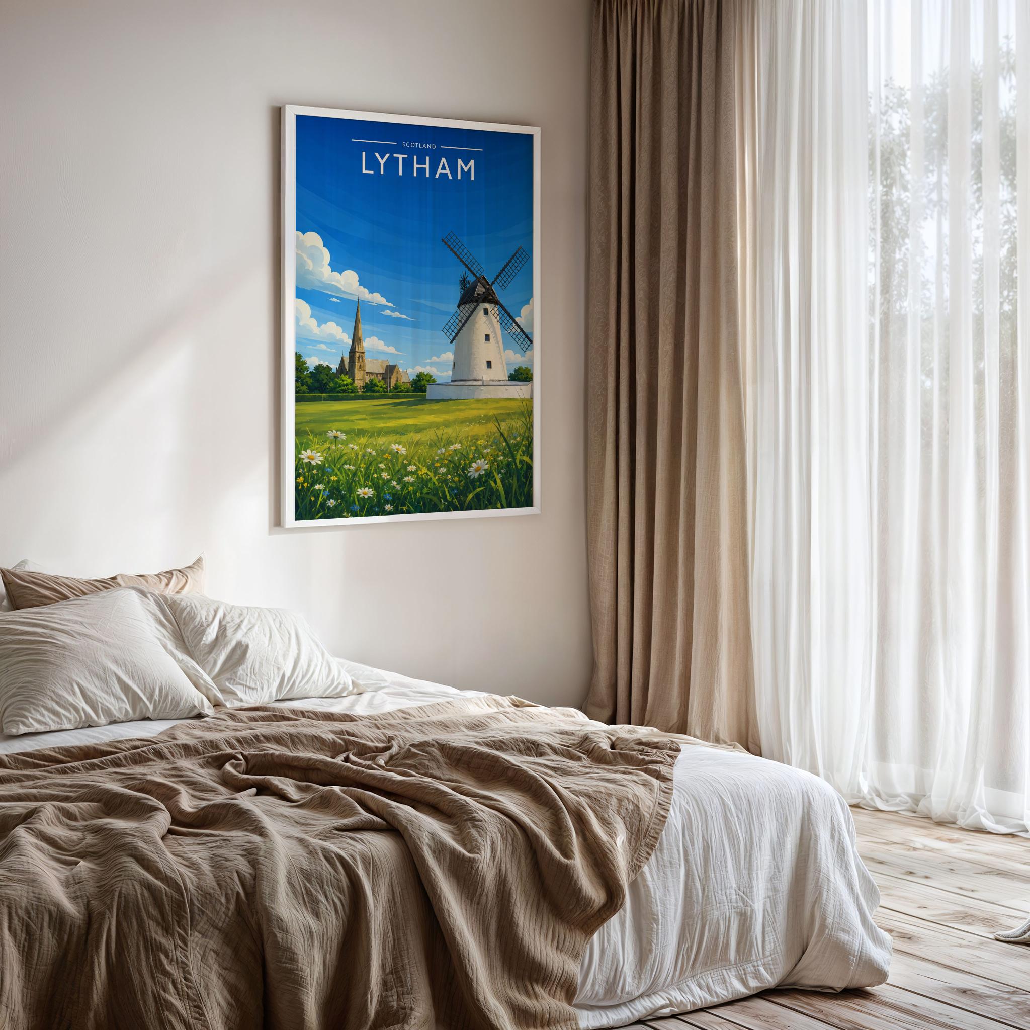 Lytham Travel Poster framed on a bedroom wall