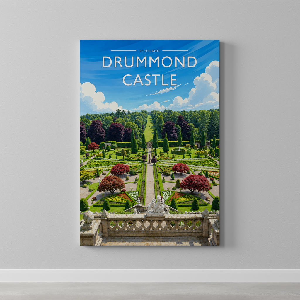 Drummond Castle Travel Poster as a gallery-wrapped canvas on a plain wall