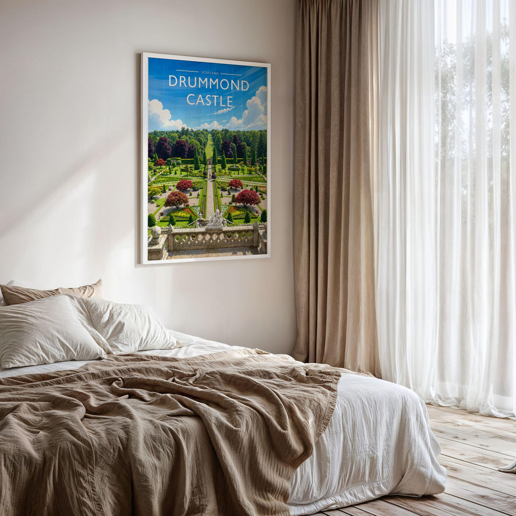 Drummond Castle Travel Poster framed on a bedroom wall