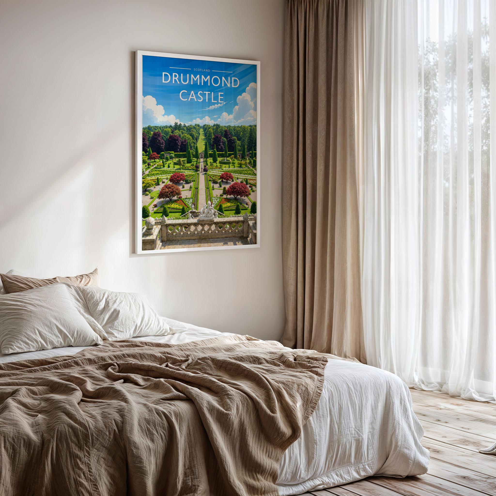 Drummond Castle Travel Poster framed on a bedroom wall