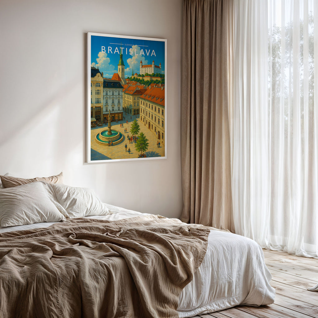 Bratislava Travel Poster framed on a bedroom wall