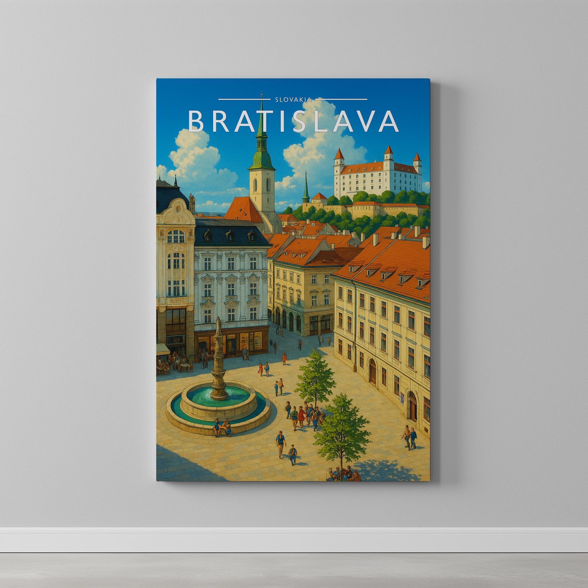 Bratislava Travel Poster as a gallery-wrapped canvas on a plain wall