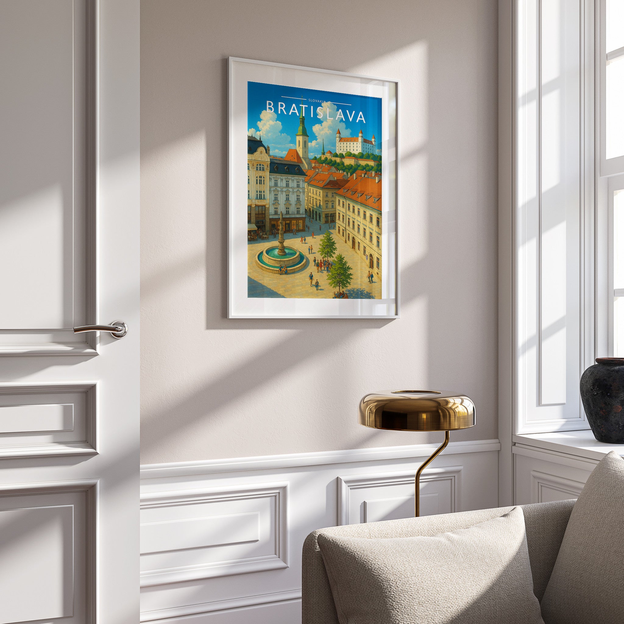 Bratislava Travel Poster in a white frame on a panelled wall