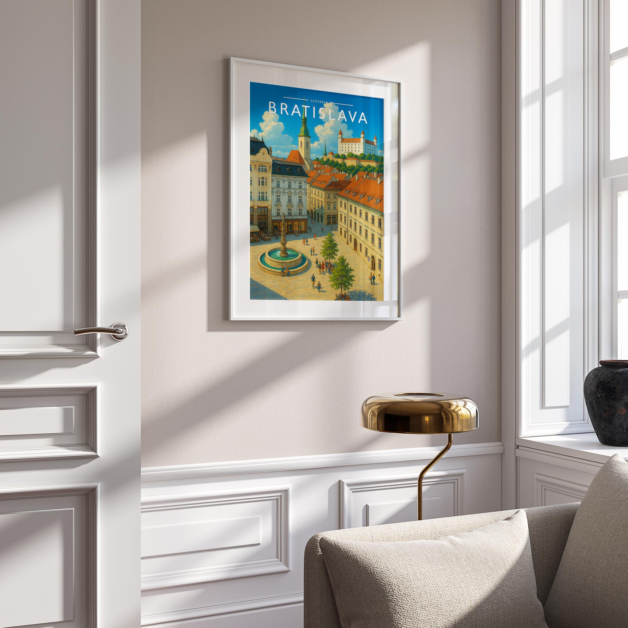 Bratislava Travel Poster mounted in a white frame